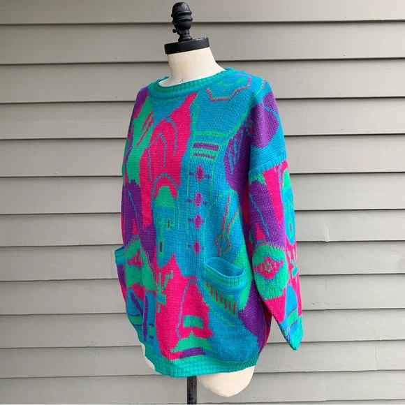 Vintage 80s People Faces Multicolor Kitschy Novelty AOP Sweater - Picture 15 of 16